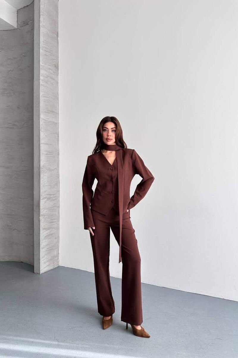 ONE COLOR COLLAR DETAIL JACKET + TROUSERS WOMAN SET BROWN/KAFE - 4