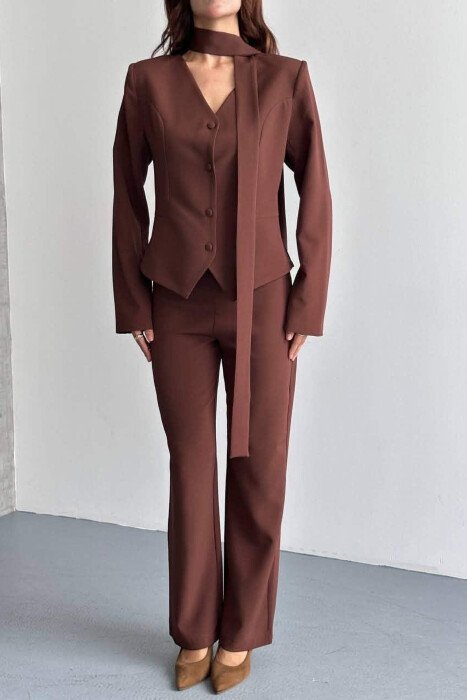 ONE COLOR COLLAR DETAIL JACKET + TROUSERS WOMAN SET BROWN/KAFE - 6