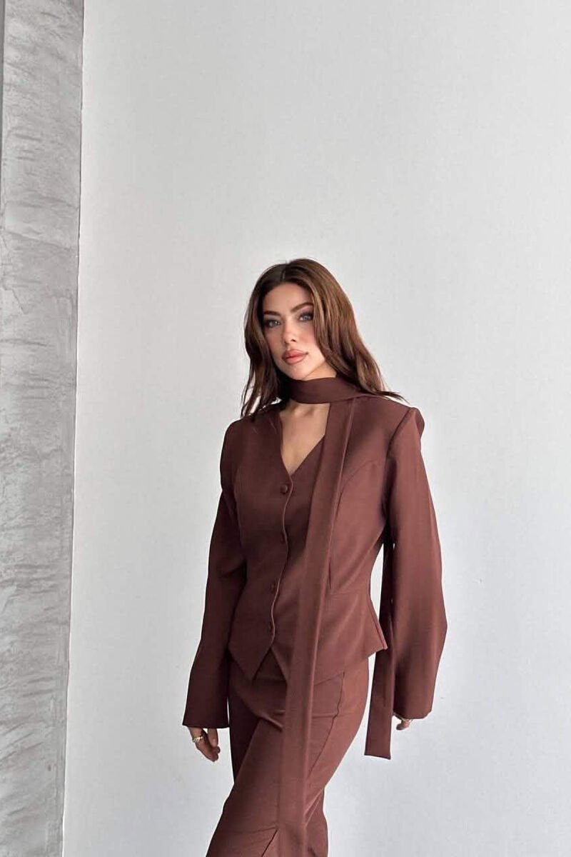 ONE COLOR COLLAR DETAIL JACKET + TROUSERS WOMAN SET BROWN/KAFE - 7