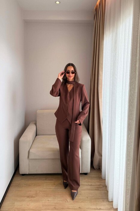 ONE COLOR COLLAR DETAIL JACKET + TROUSERS WOMAN SET BROWN/KAFE - 2