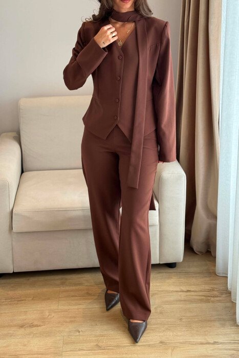 ONE COLOR COLLAR DETAIL JACKET + TROUSERS WOMAN SET BROWN/KAFE - 5