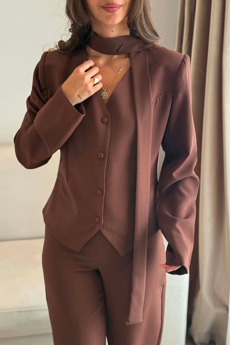 ONE COLOR COLLAR DETAIL JACKET + TROUSERS WOMAN SET BROWN/KAFE - 6