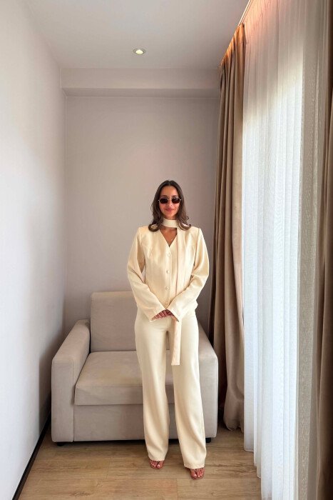ONE COLOR COLLAR DETAIL JACKET + TROUSERS WOMAN SET CREAM/KREM 
