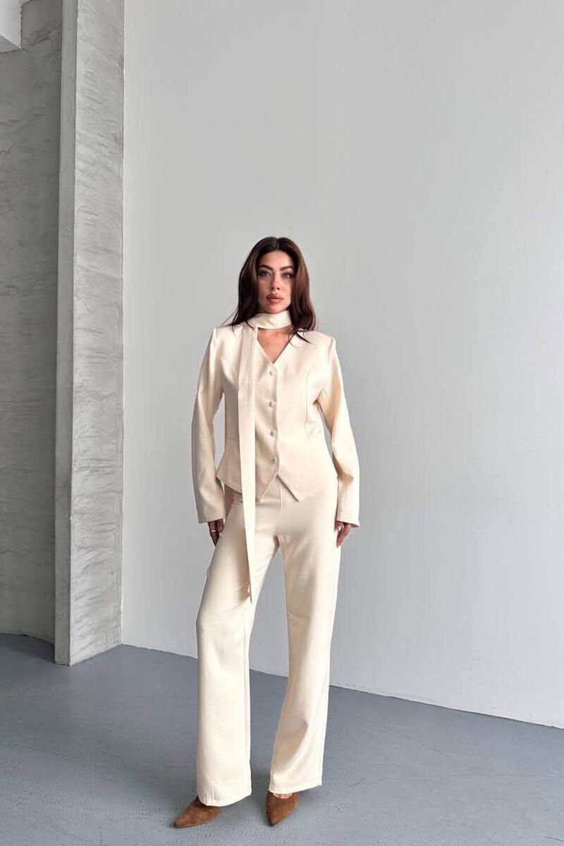 ONE COLOR COLLAR DETAIL JACKET + TROUSERS WOMAN SET CREAM/KREM - 1