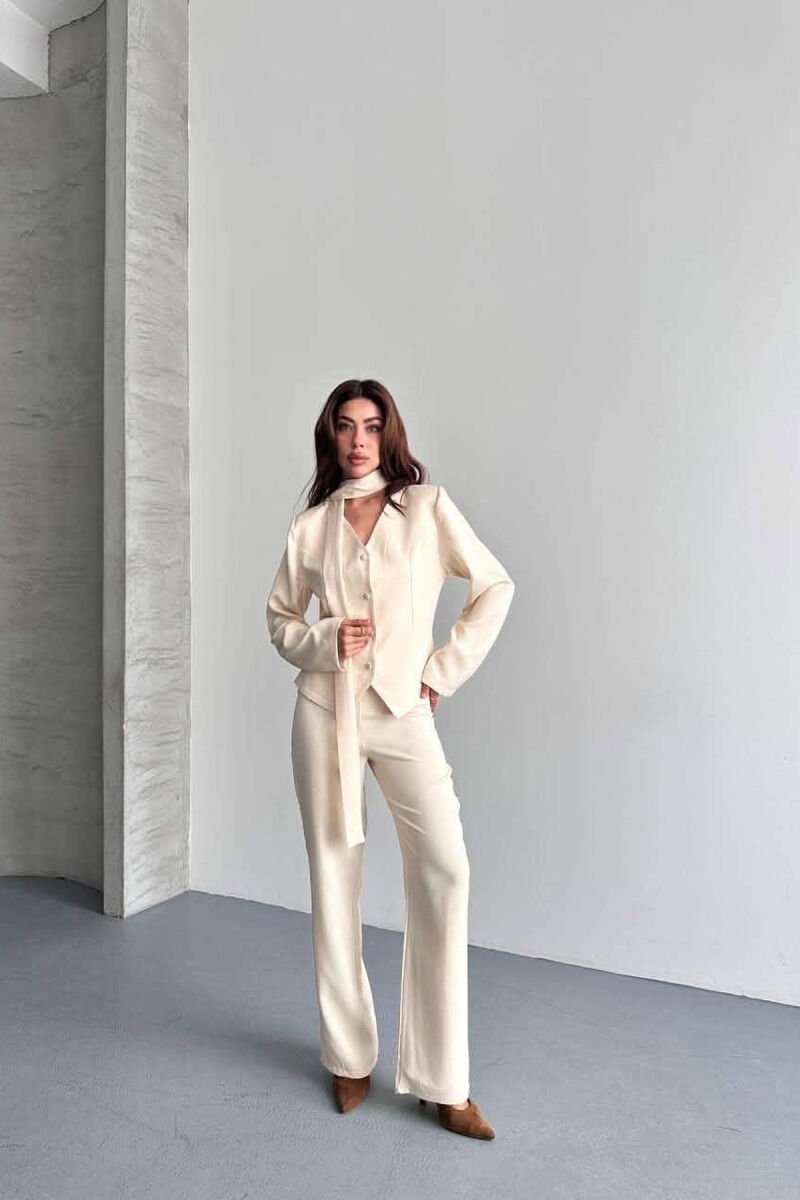 ONE COLOR COLLAR DETAIL JACKET + TROUSERS WOMAN SET CREAM/KREM - 2