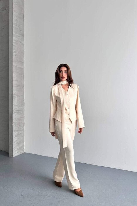 ONE COLOR COLLAR DETAIL JACKET + TROUSERS WOMAN SET CREAM/KREM - 3