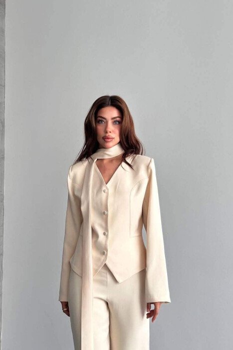 ONE COLOR COLLAR DETAIL JACKET + TROUSERS WOMAN SET CREAM/KREM - 4