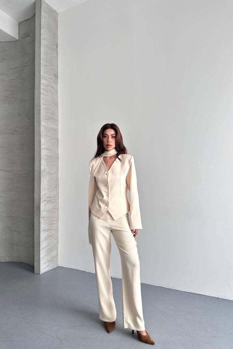 ONE COLOR COLLAR DETAIL JACKET + TROUSERS WOMAN SET CREAM/KREM - 7