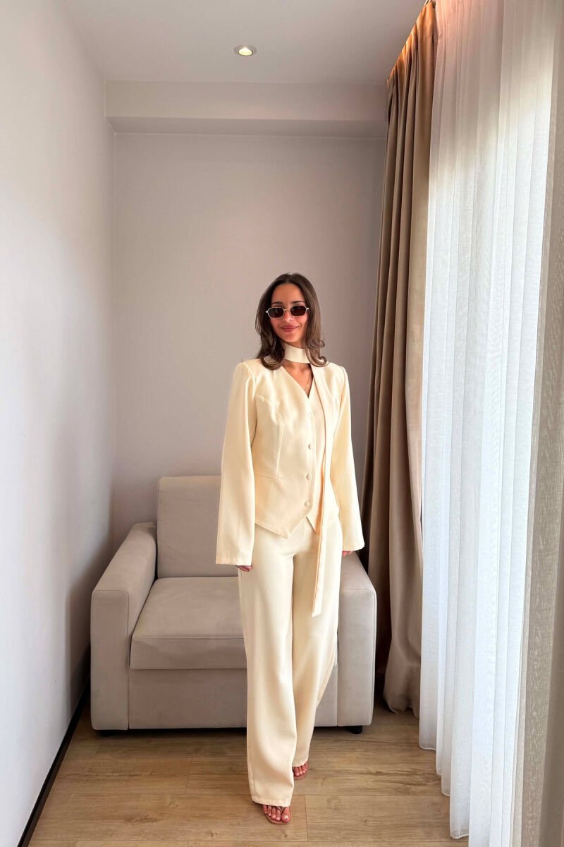 ONE COLOR COLLAR DETAIL JACKET + TROUSERS WOMAN SET CREAM/KREM - 2