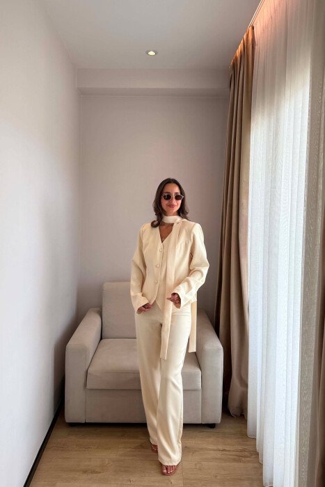 ONE COLOR COLLAR DETAIL JACKET + TROUSERS WOMAN SET CREAM/KREM - 3