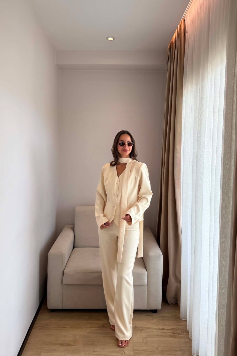 ONE COLOR COLLAR DETAIL JACKET + TROUSERS WOMAN SET CREAM/KREM - 3