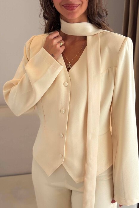 ONE COLOR COLLAR DETAIL JACKET + TROUSERS WOMAN SET CREAM/KREM - 7