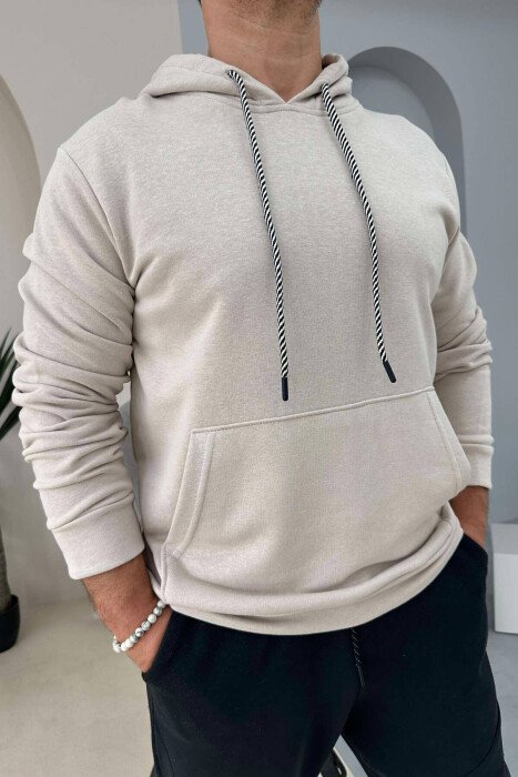 ONE COLOR COTTON HOOD MEN HOODIES CREAM/KREM - KLAUDIO FASHION