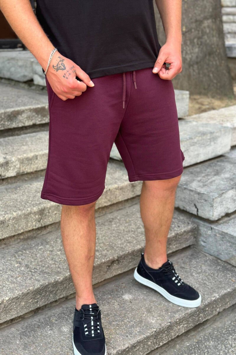 ONE COLOR COTTON MEN SHORT SWEATPANTS BURGUNDY/VISHNJE - 1