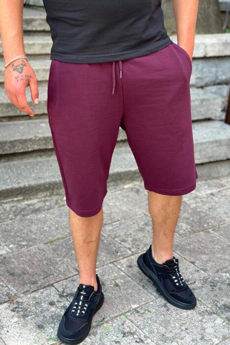 ONE COLOR COTTON MEN SHORT SWEATPANTS BURGUNDY/VISHNJE - 1