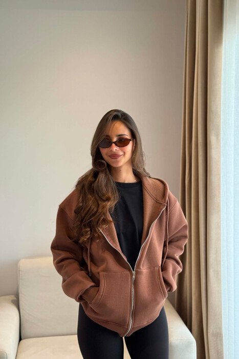 ONE COLOR COTTON WOMEN JACKET BROWN/KAFE - 1