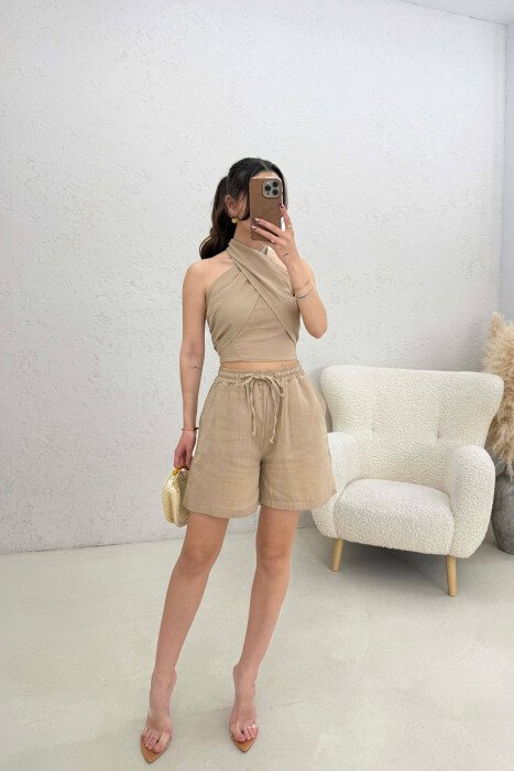 ONE COLOR CROP TOP + SHORTS WOMEN SET BEIGE/BEZHE - 1