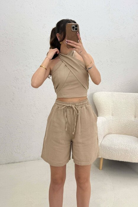 ONE COLOR CROP TOP + SHORTS WOMEN SET BEIGE/BEZHE - 4