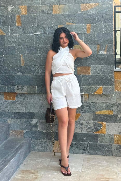ONE COLOR CROP TOP + SHORTS WOMEN SET WHITE-E BARDHE - 