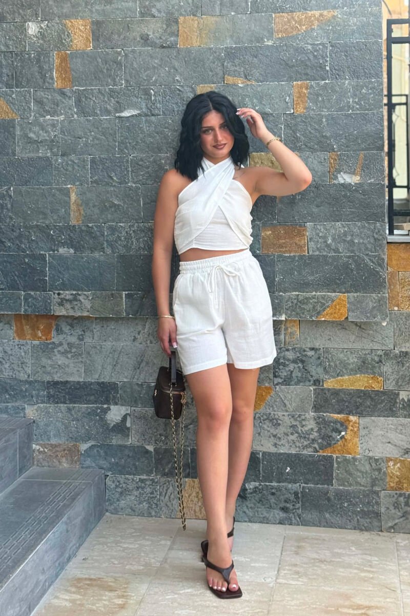 ONE COLOR CROP TOP + SHORTS WOMEN SET WHITE-E BARDHE - 1