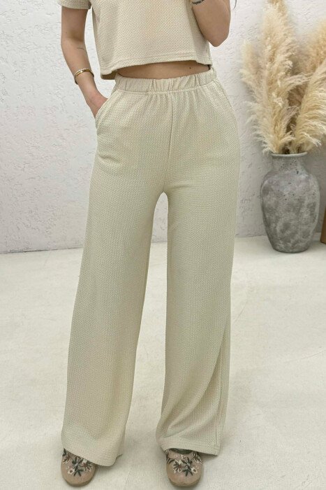 ONE COLOR CROP TOP T-SHIRT+ TROUSERS WOMAN SET BEIGE/BEZHE - 2