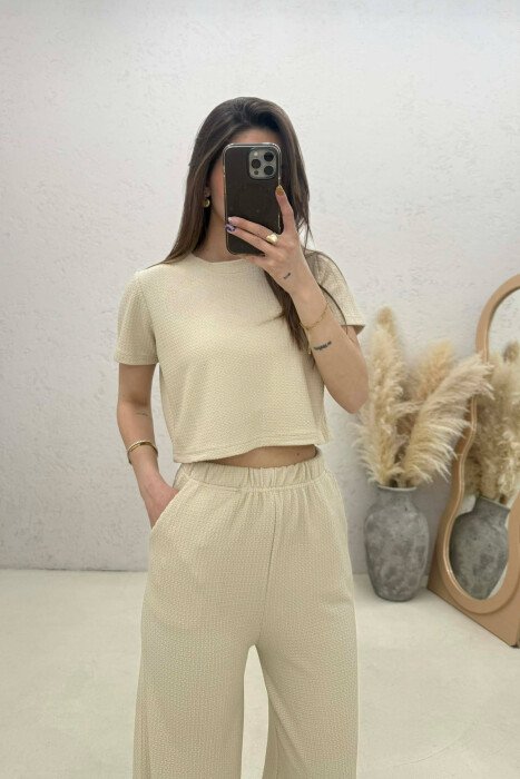 ONE COLOR CROP TOP T-SHIRT+ TROUSERS WOMAN SET BEIGE/BEZHE - 3