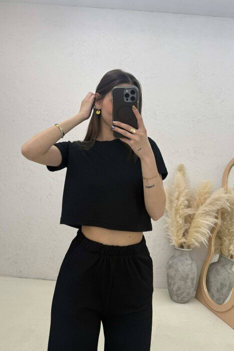 ONE COLOR CROP TOP T-SHIRT+ TROUSERS WOMAN SET BLACK/ E ZEZE - 3