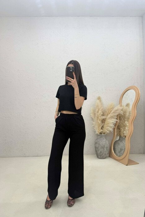ONE COLOR CROP TOP T-SHIRT+ TROUSERS WOMAN SET BLACK/ E ZEZE - KLAUDIO FASHION