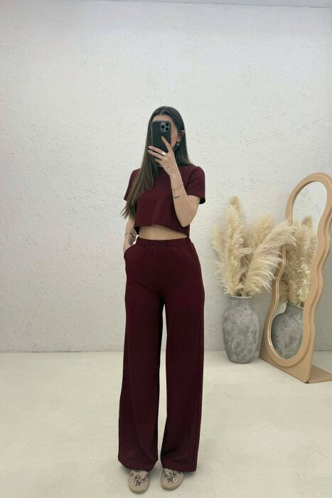ONE COLOR CROP TOP T-SHIRT+ TROUSERS WOMAN SET BURGUNDY/VISHNJE - KLAUDIO FASHION