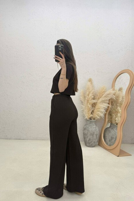 ONE COLOR CROP TOP T-SHIRT+ TROUSERS WOMAN SET DARK BROWN/KAE - 2