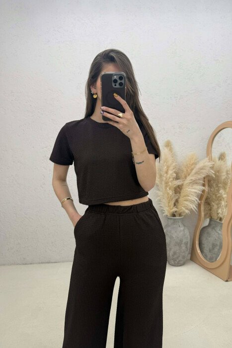 ONE COLOR CROP TOP T-SHIRT+ TROUSERS WOMAN SET DARK BROWN/KAE - 3
