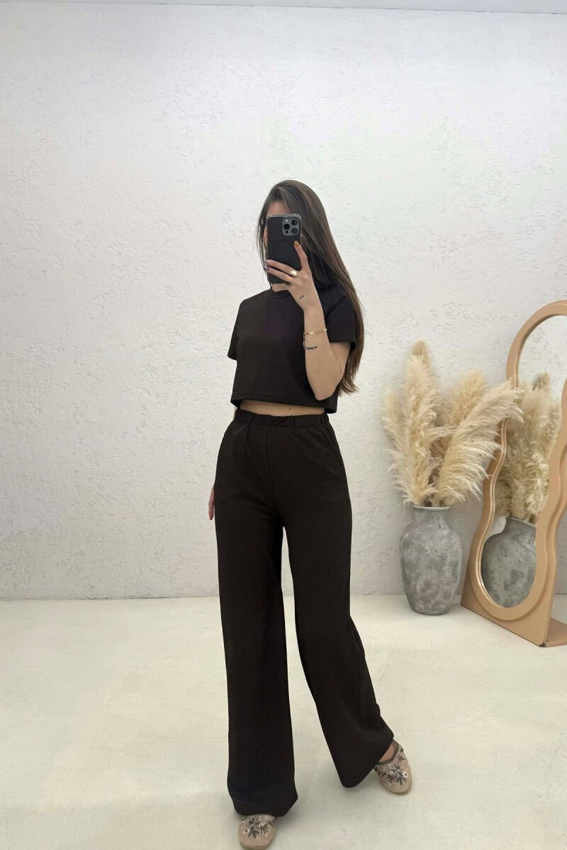 ONE COLOR CROP TOP T-SHIRT+ TROUSERS WOMAN SET DARK BROWN/KAE - 4