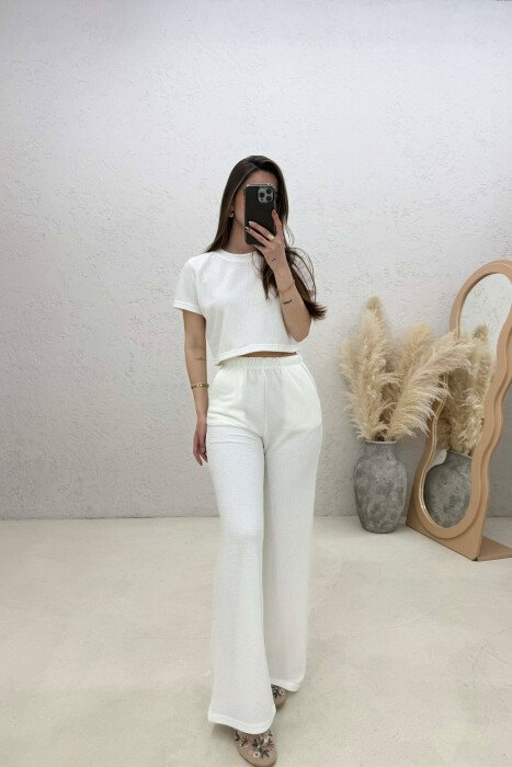 ONE COLOR CROP TOP T-SHIRT+ TROUSERS WOMAN SET WHITE-E BARDHE - KLAUDIO FASHION