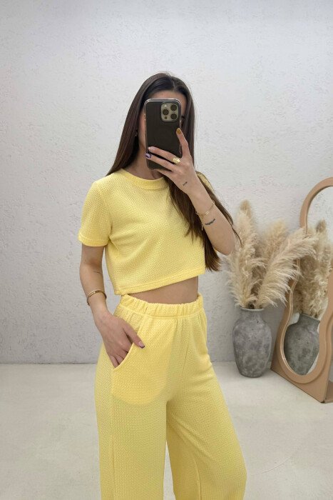 ONE COLOR CROP TOP T-SHIRT+ TROUSERS WOMAN SET YELLOW/E VERDHE - 3