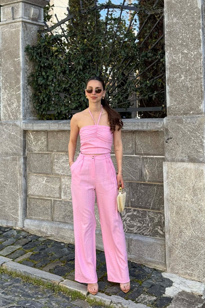 ONE COLOR CROP TOP + TROUSERS WOMAN SET PINK/ROZE - 1
