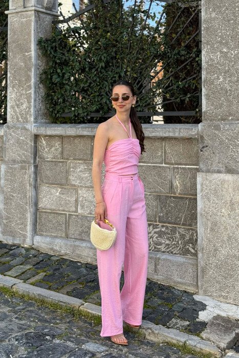 ONE COLOR CROP TOP + TROUSERS WOMAN SET PINK/ROZE - 4