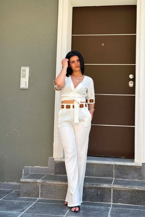 ONE COLOR CROP TOP + TROUSERS WOMAN SET WHITE-E BARDHE - KLAUDIO FASHION