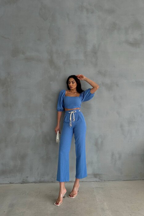 SET NJE NGJYRESH CROP TOP + PANATLLONA PER FEMRA NE NGJYRE BLU - KLAUDIO FASHION