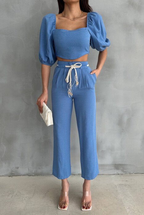 ONE COLOR CROP TOP + TROUSERS WOMAN TWO PIECE SET BLUE/BLU - 2