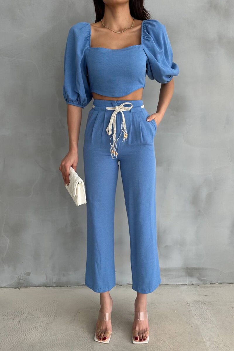 ONE COLOR CROP TOP + TROUSERS WOMAN TWO PIECE SET BLUE/BLU - 2