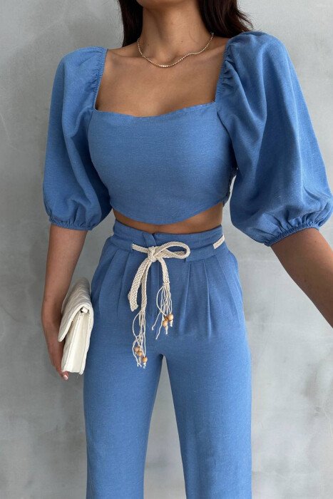 ONE COLOR CROP TOP + TROUSERS WOMAN TWO PIECE SET BLUE/BLU - 3