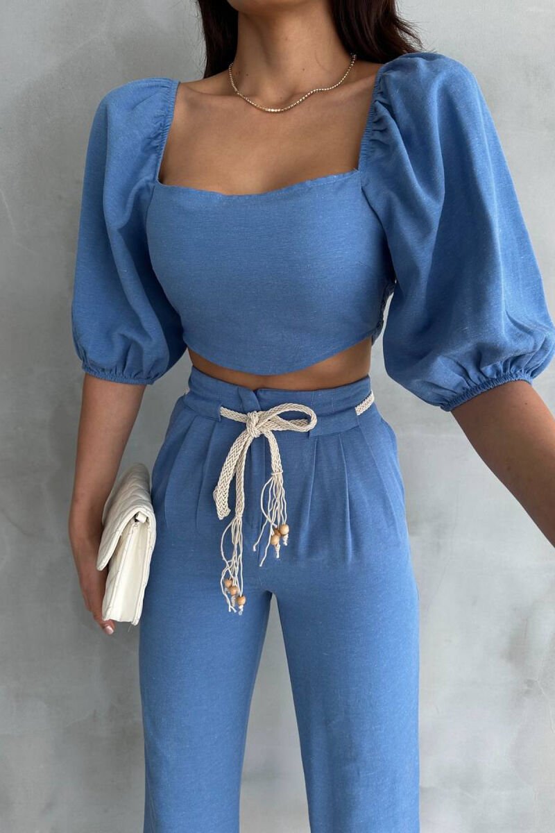 ONE COLOR CROP TOP + TROUSERS WOMAN TWO PIECE SET BLUE/BLU - 3