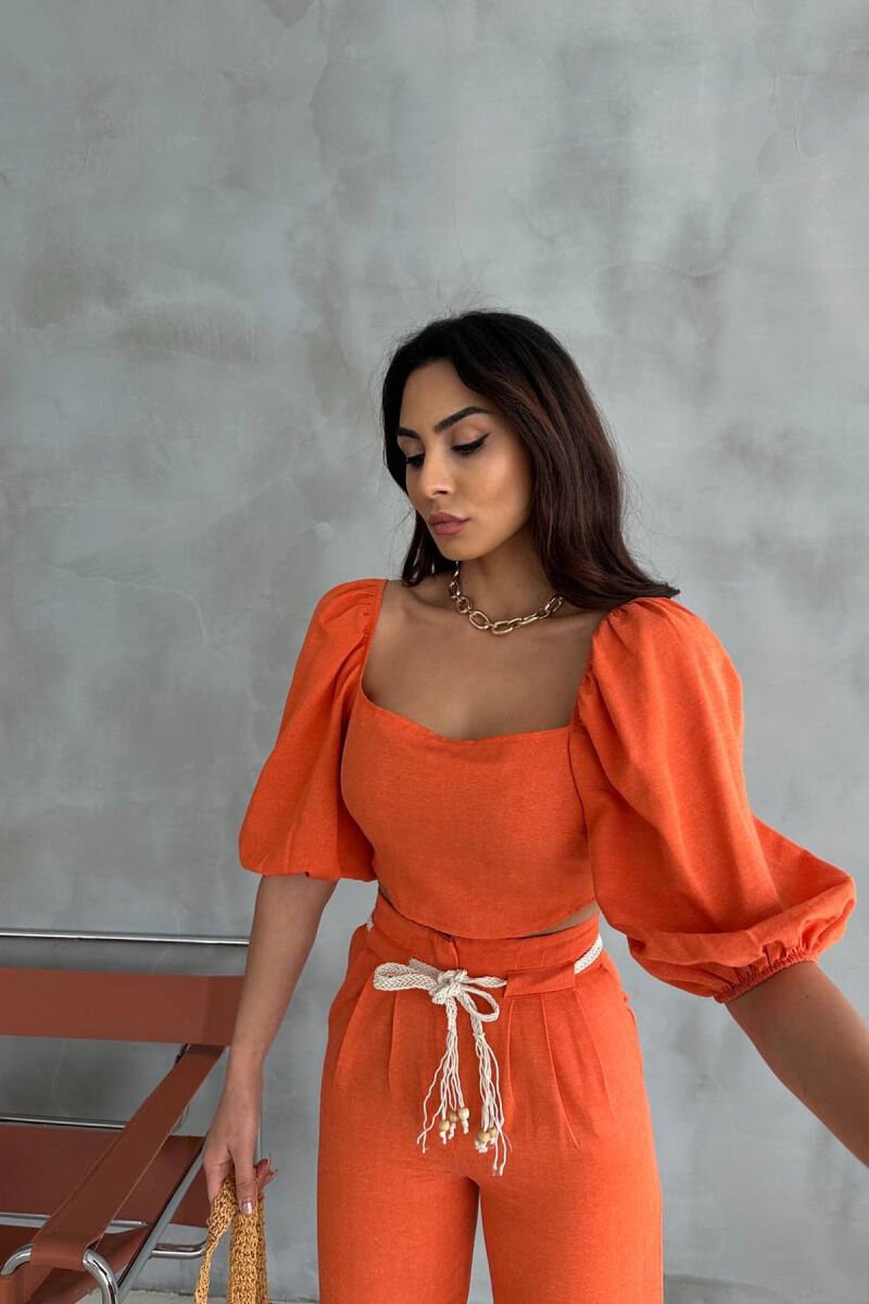 ONE COLOR CROP TOP + TROUSERS WOMAN TWO PIECE SET ORANGE/PORTOKALLI - 2