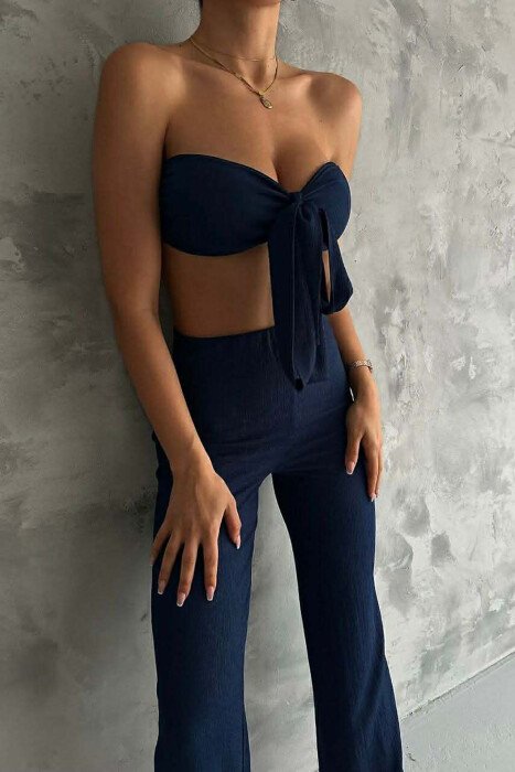 ONE COLOR CROP TOP+ TROUSERS WOMEN SET DARK BLUE/BEE 