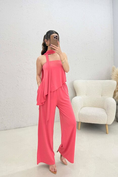 ONE COLOR CROP TOP + TROUSERS WOMEN SET PINK/ROZE - 2