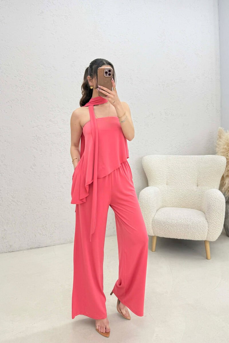 ONE COLOR CROP TOP + TROUSERS WOMEN SET PINK/ROZE - 2