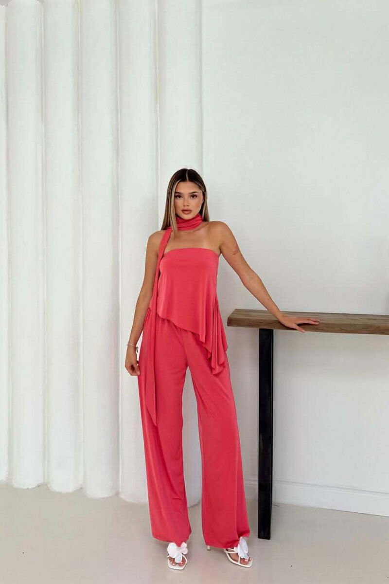 ONE COLOR CROP TOP + TROUSERS WOMEN SET SALMON/SALMON - 1