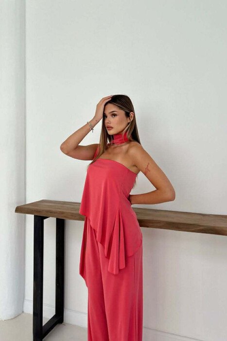 ONE COLOR CROP TOP + TROUSERS WOMEN SET SALMON/SALMON - 2