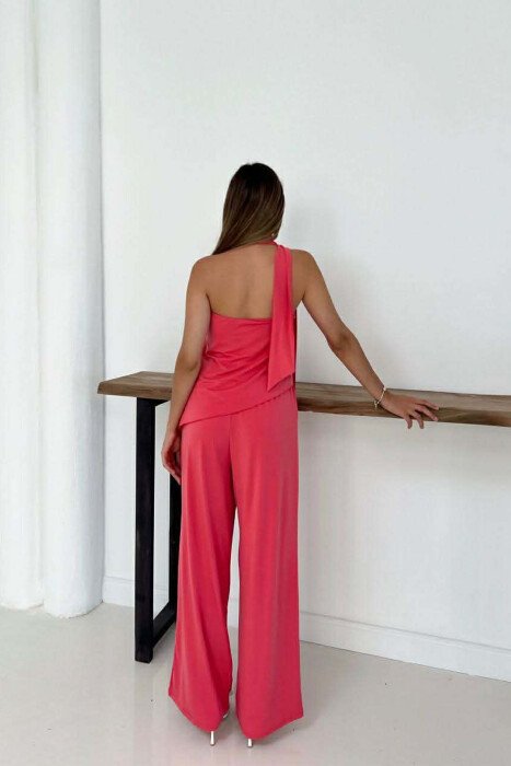 ONE COLOR CROP TOP + TROUSERS WOMEN SET SALMON/SALMON - 3