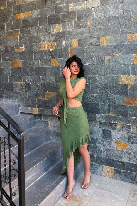 ONE COLOR CROP TOP+SKIRT WOMEN SET GREEN/JESHILE - 1